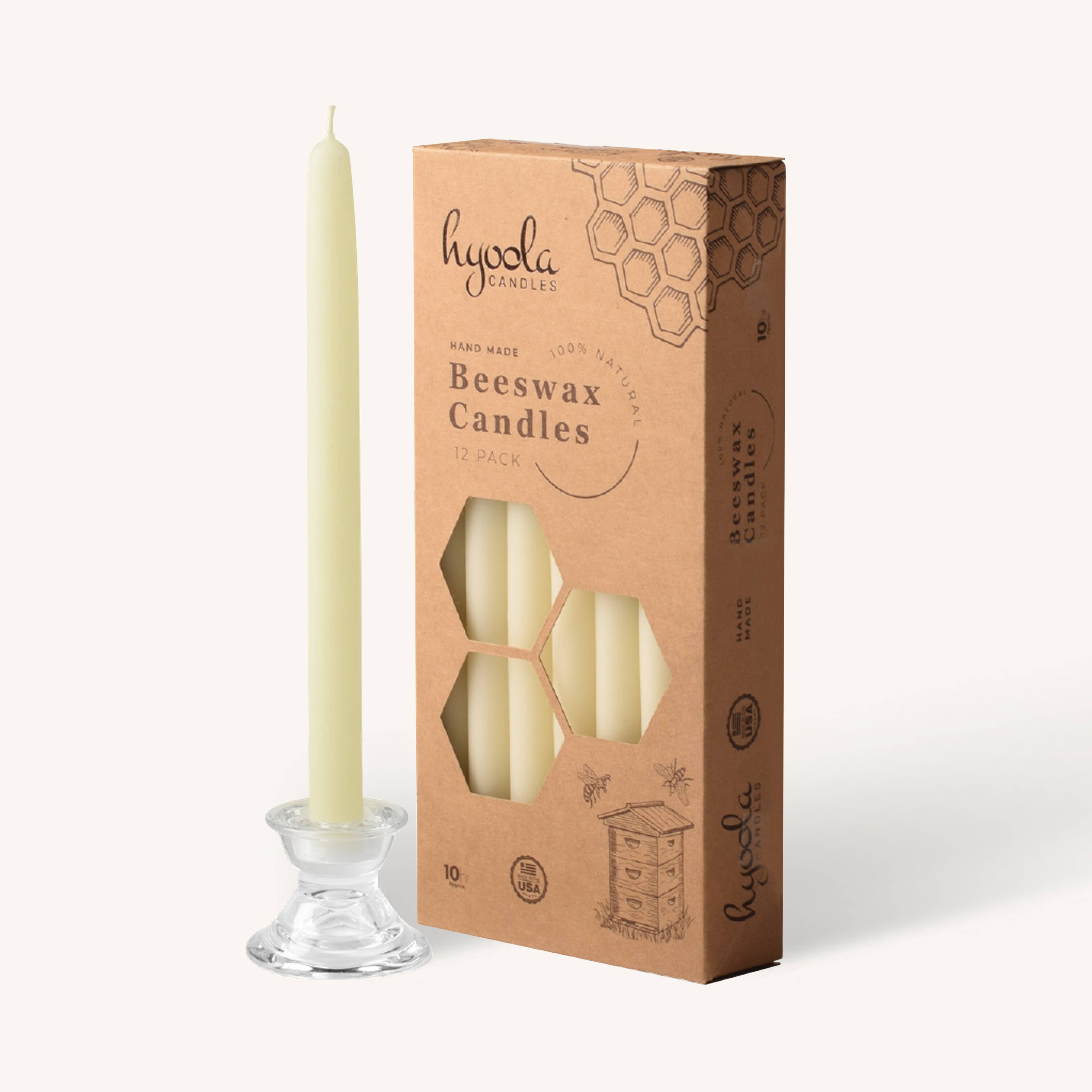 White Beeswax Taper Candles | 10-Hour Burn | Handmade in USA | 12-Pack