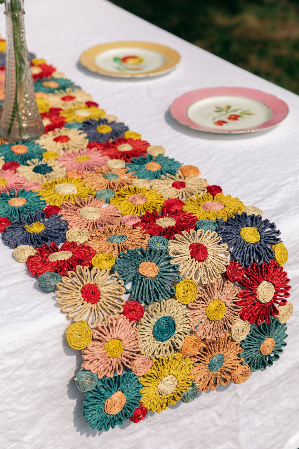 Woven Raffia Flower Table Runner — Multicolor, 56"