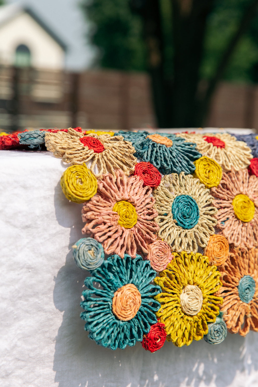 Woven Raffia Flower Table Runner — Multicolor, 56"
