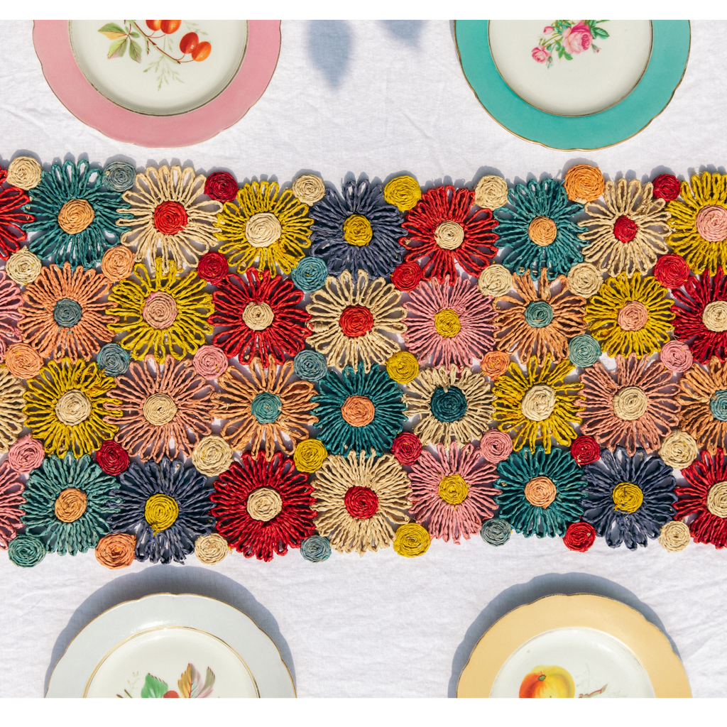 Woven Raffia Flower Table Runner — Multicolor, 56"