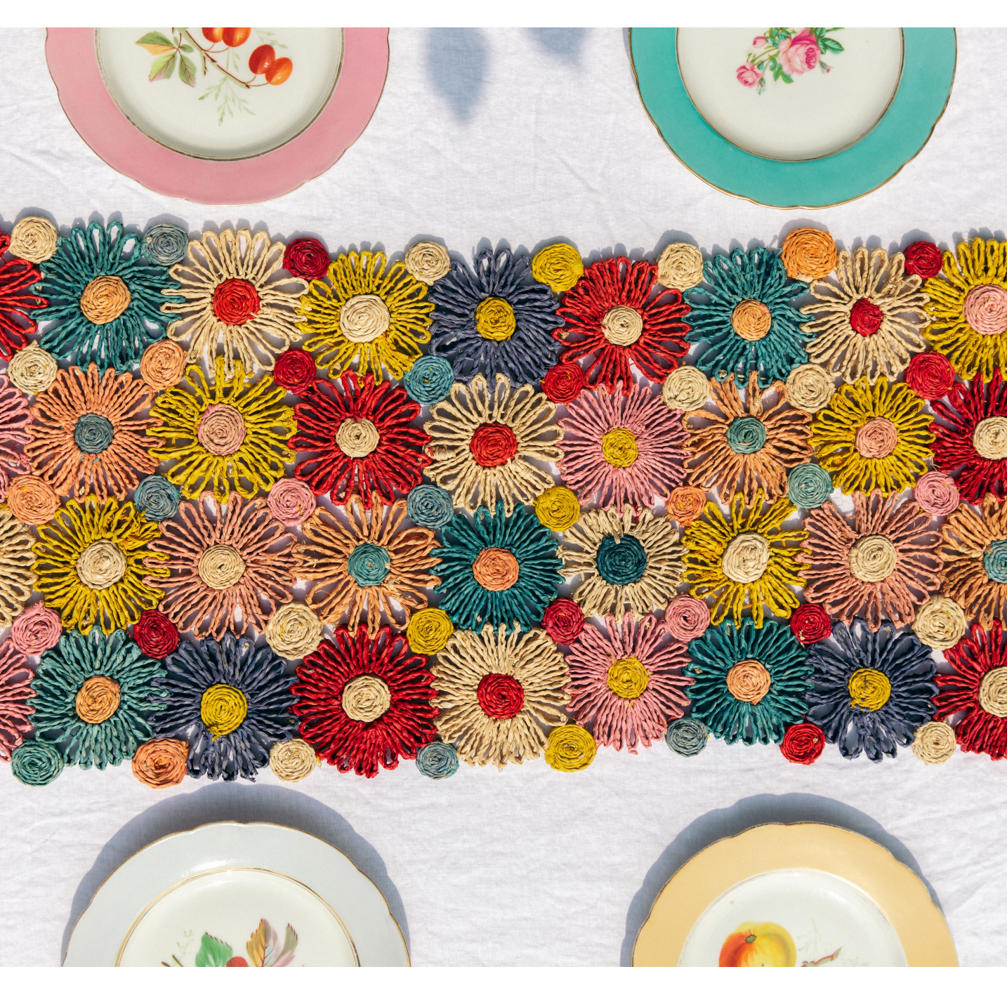 Woven Raffia Flower Table Runner — Multicolor, 56"