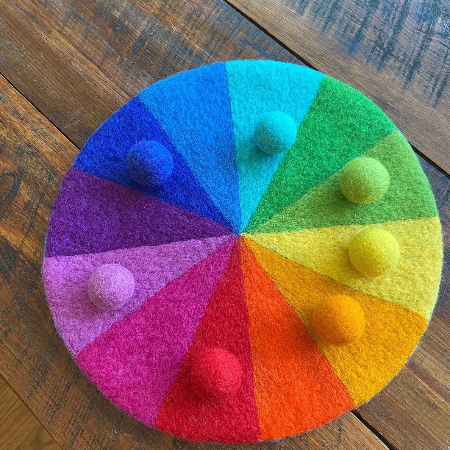 Rainbow Felt Play Mat — 15" Handmade Wool, 12 Colors