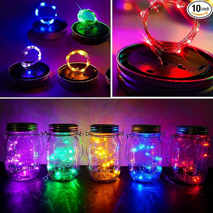 Mason Jar Solar Firefly Lights | 10-Pack | 5 Colors | Solar Powered