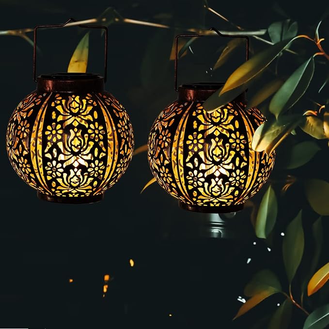 Moroccan Solar Lanterns | 2-Pack | Bronze Metal | Hanging or Tabletop