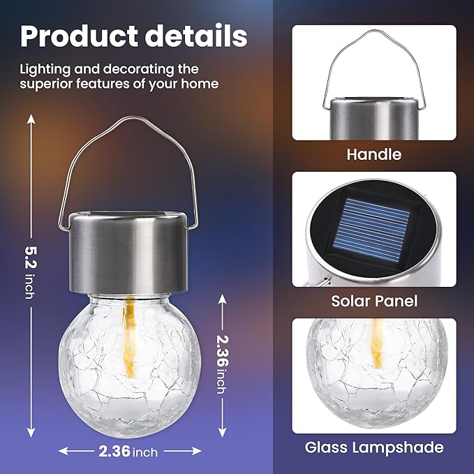 Hanging Solar Globe Lights | 12-Pack | Crackled Glass & Stainless Steel | Multicolor
