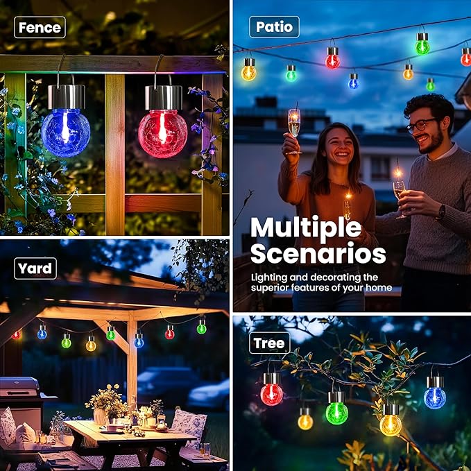 Hanging Solar Globe Lights | 12-Pack | Crackled Glass & Stainless Steel | Multicolor