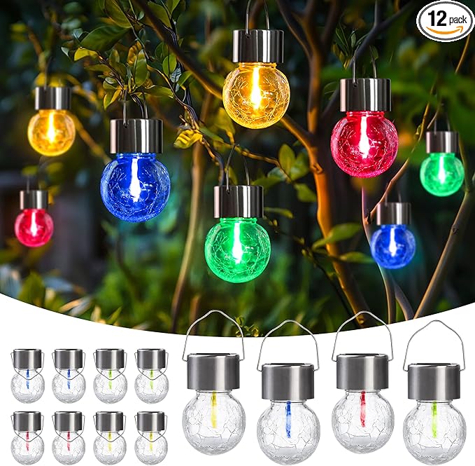 Hanging Solar Globe Lights | 12-Pack | Crackled Glass & Stainless Steel | Multicolor