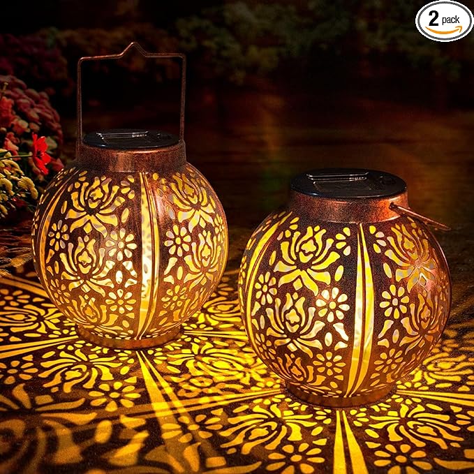 Moroccan Solar Lanterns | 2-Pack | Bronze Metal | Hanging or Tabletop