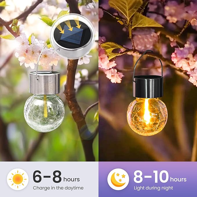 Hanging Solar Globe Lights | 12-Pack | Crackled Glass & Stainless Steel | Multicolor