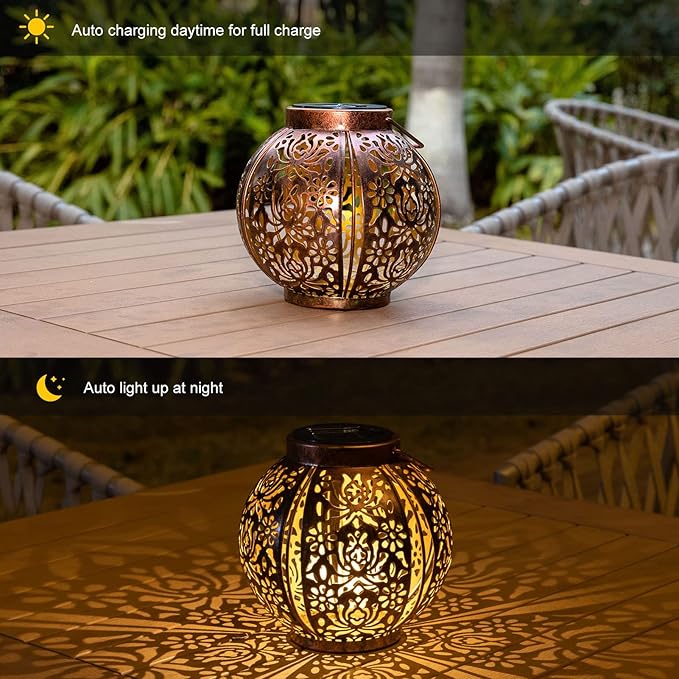 Moroccan Solar Lanterns | 2-Pack | Bronze Metal | Hanging or Tabletop