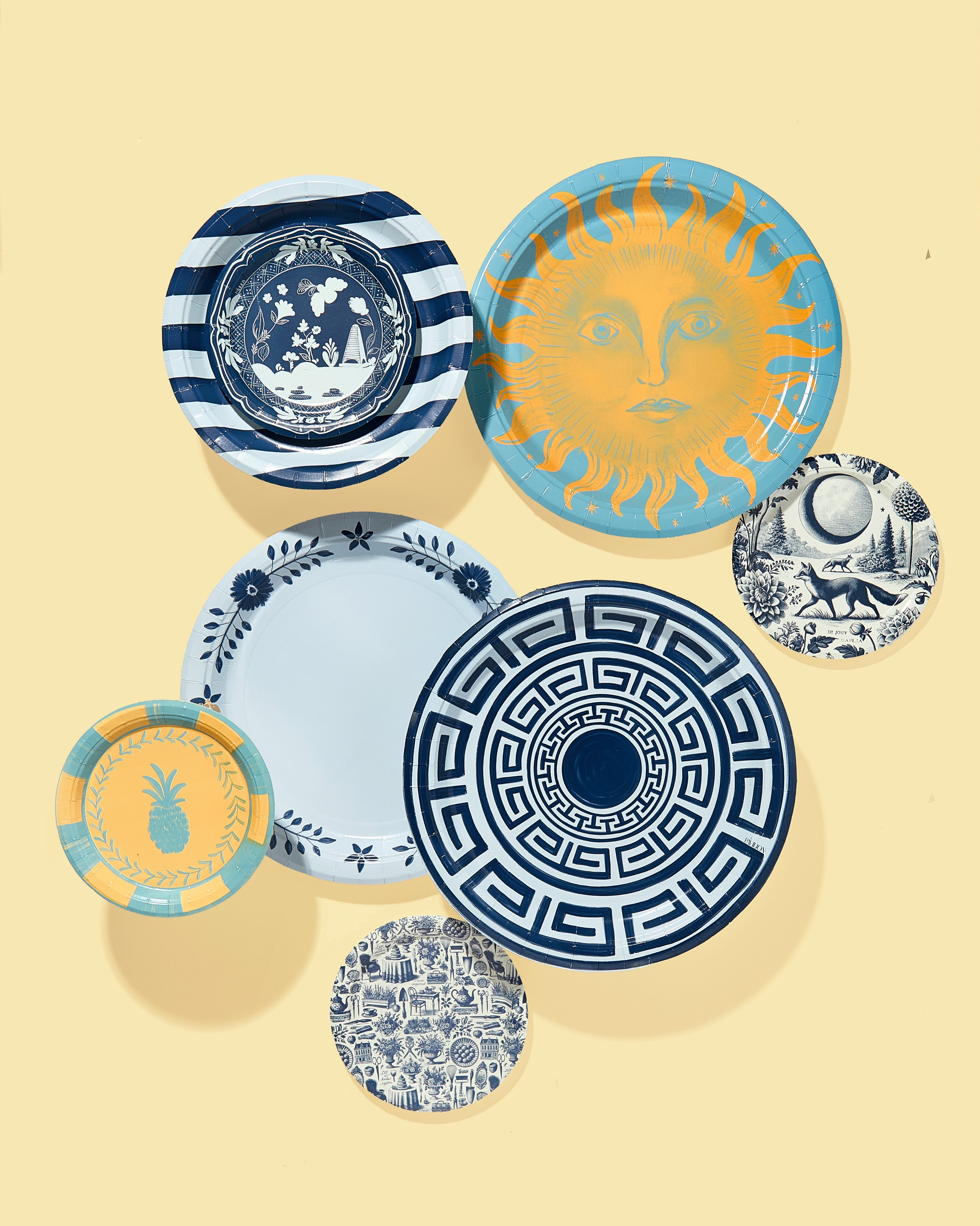 Celestial Sunshine Dessert Paper Plates — Gold & Dutch Blue, 8-Pack