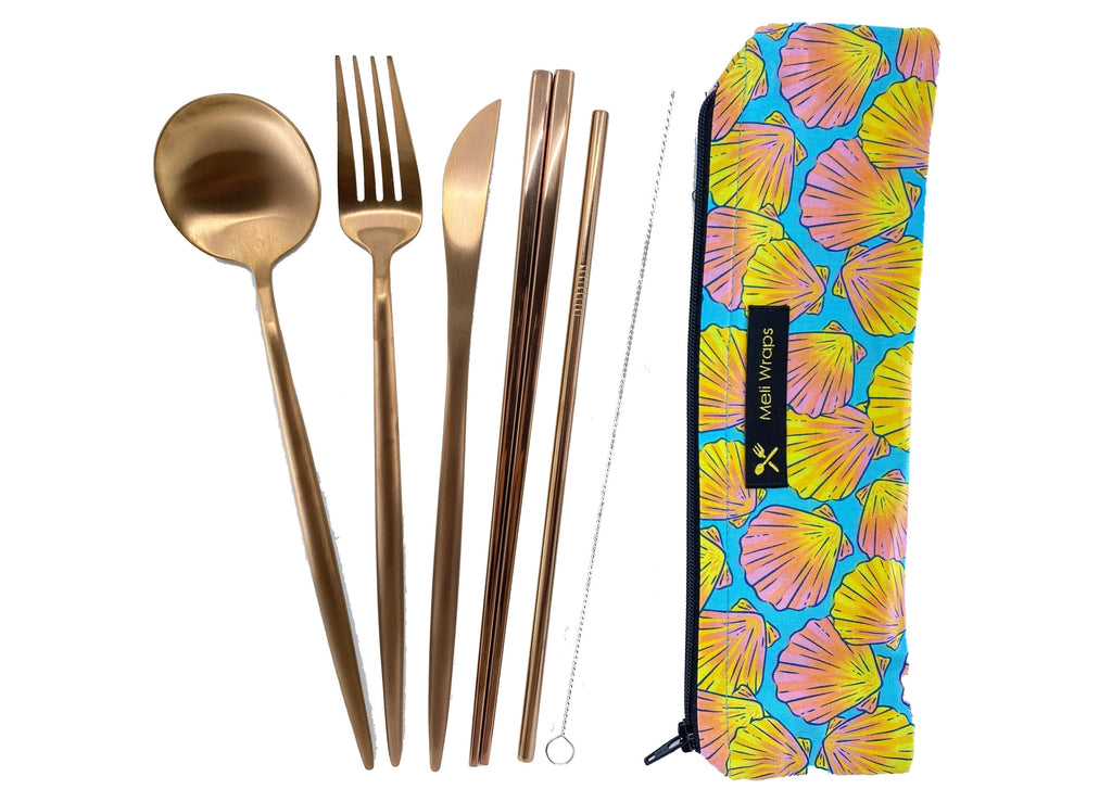 Beeswax Gift Wrap Roll + Cutlery Set Bundle | Reusable as Food Wrap | Shells Design
