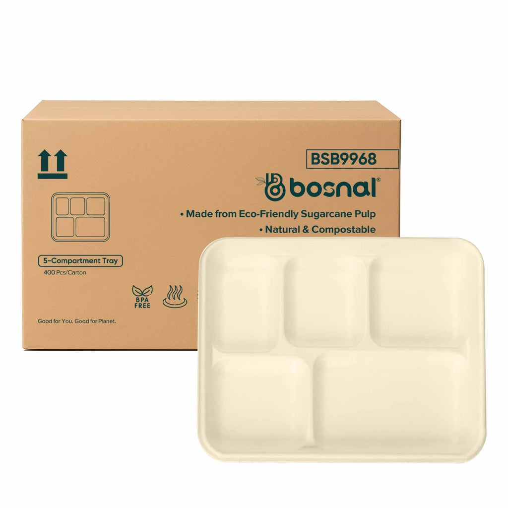 Compostable Sugarcane Food Trays – 5-Compartment | Case of 400
