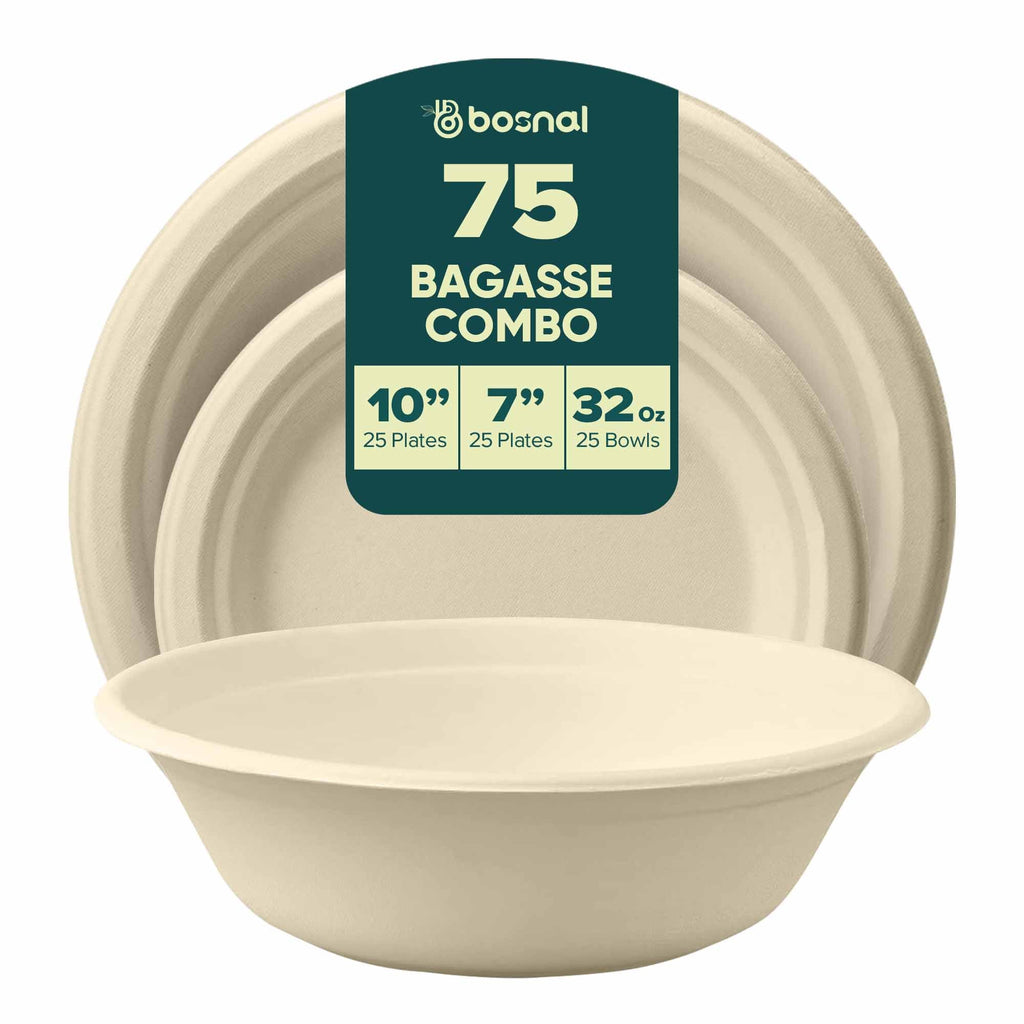 Compostable Sugarcane Dinnerware Set | 75-Piece | Plates & Bowls