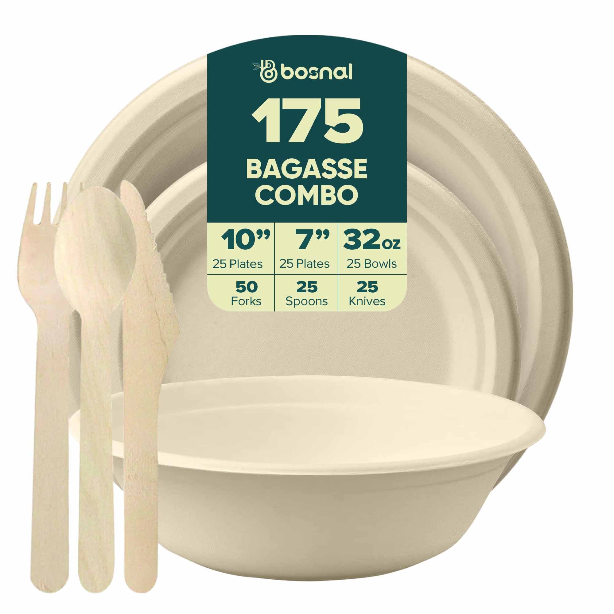 Compostable Sugarcane Dinnerware Set | 175-Piece | Plates, Bowls & Cutlery