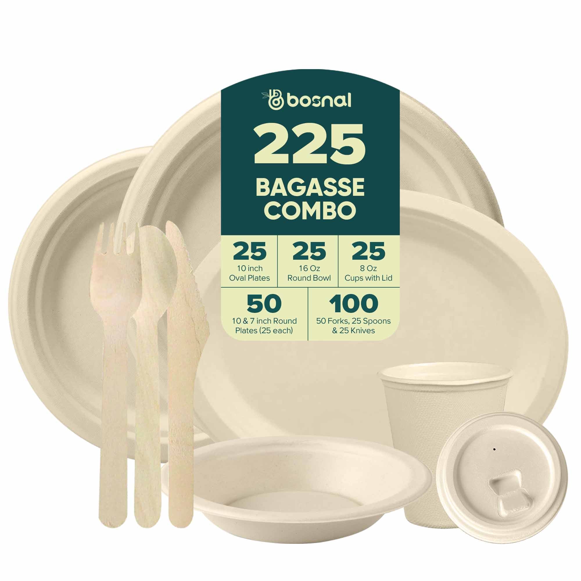 Compostable Sugarcane Dinnerware Set | 225-Piece | Plates, 16oz Bowls, Cups & Cutlery