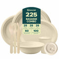 Compostable Sugarcane Dinnerware Set | 225-Piece | Plates, 32 oz Bowls, Cups & Cutlery