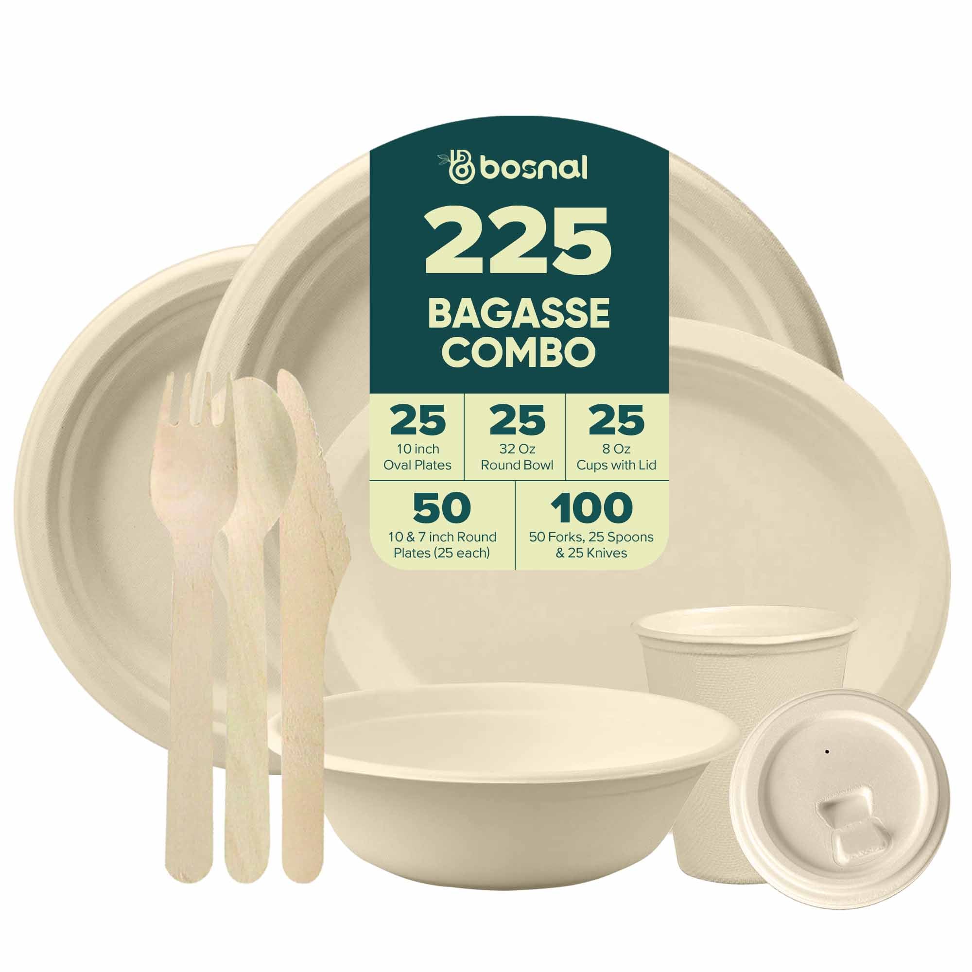 Compostable Sugarcane Dinnerware Set | 225-Piece | Plates, 32 oz Bowls, Cups & Cutlery