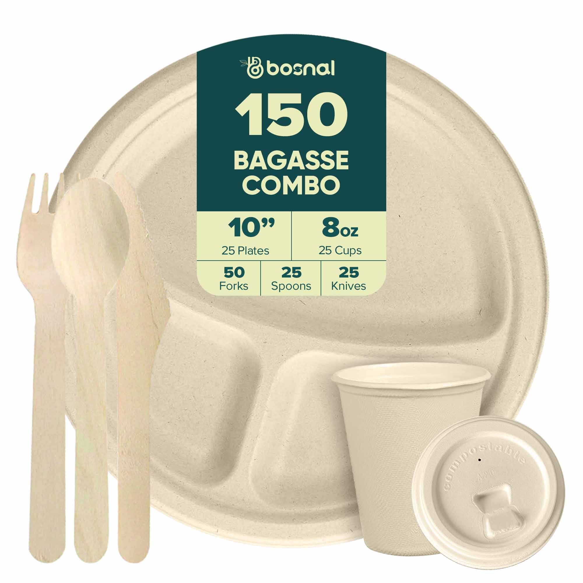 Compostable Sugarcane Dinnerware Set | 150-Piece | 3-Compartment Plates, Cups & Cutlery