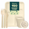 Compostable Sugarcane Dinnerware Set | 150-Piece | 5-Compartment Trays, Cups & Cutlery