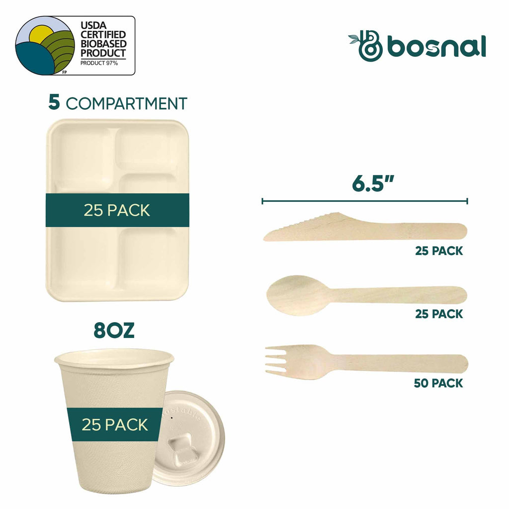 Compostable Sugarcane Dinnerware Set | 150-Piece | 5-Compartment Trays, Cups & Cutlery