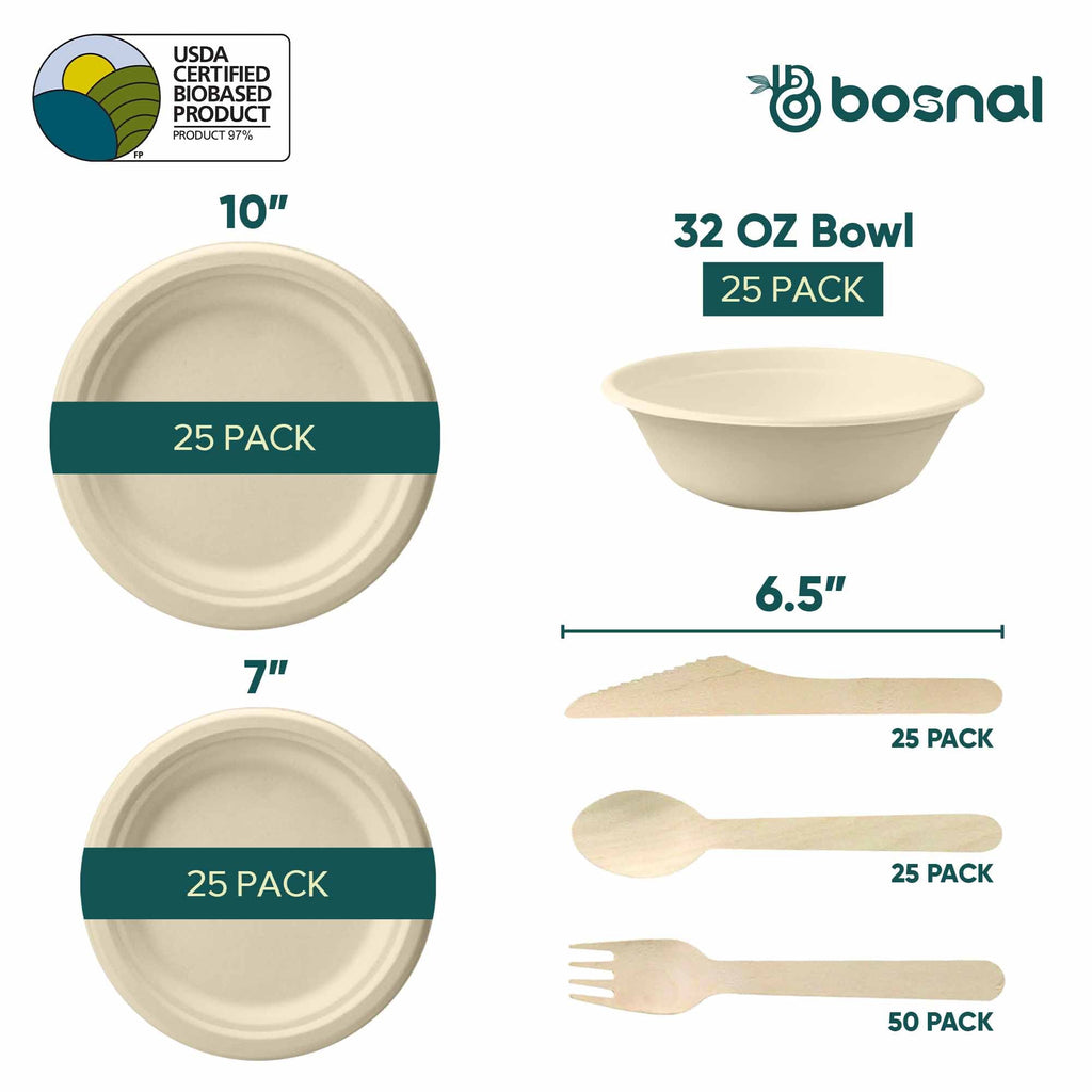 Compostable Sugarcane Dinnerware Set | 175-Piece | Plates, Bowls & Cutlery