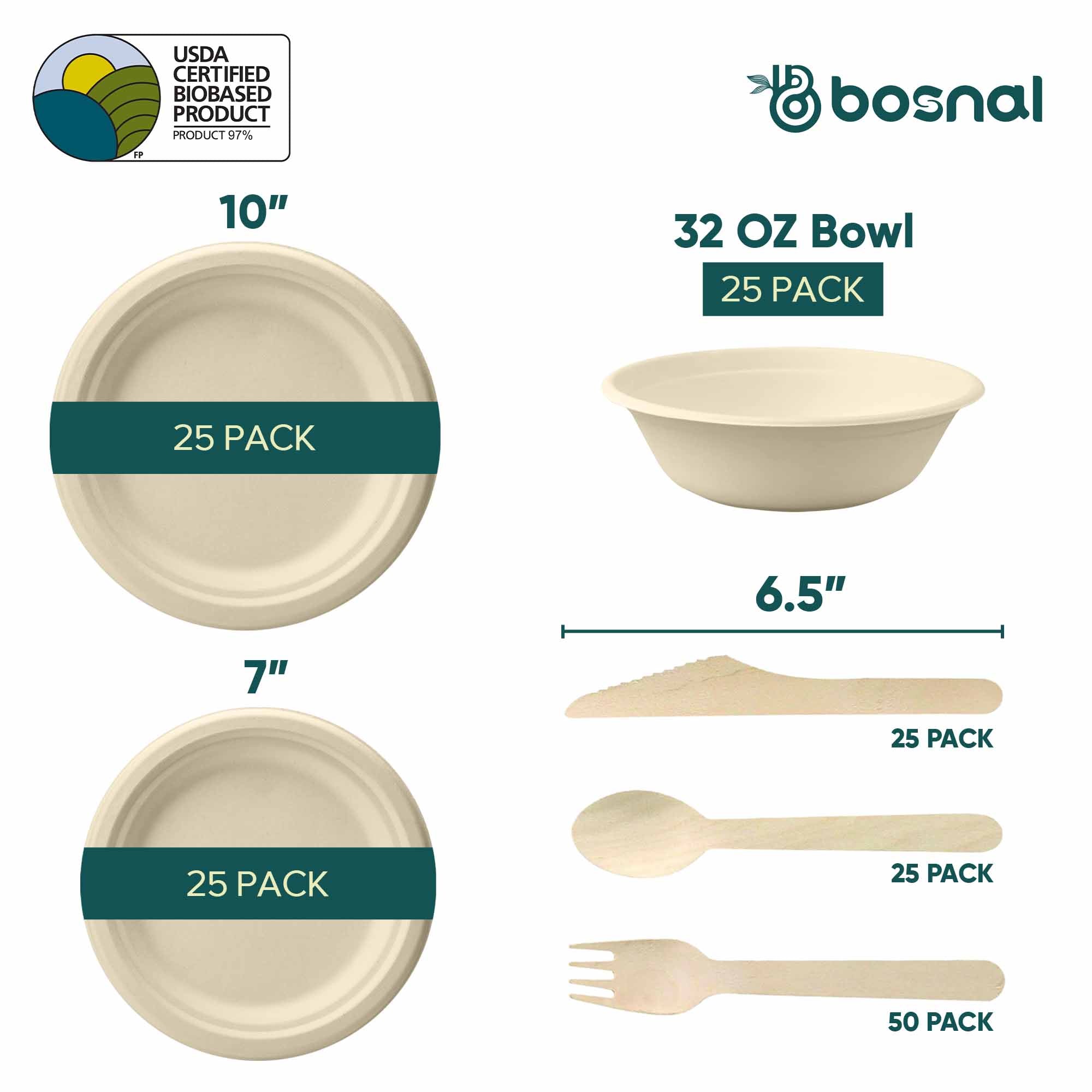 Compostable Sugarcane Dinnerware Set | 175-Piece | Plates, Bowls & Cutlery