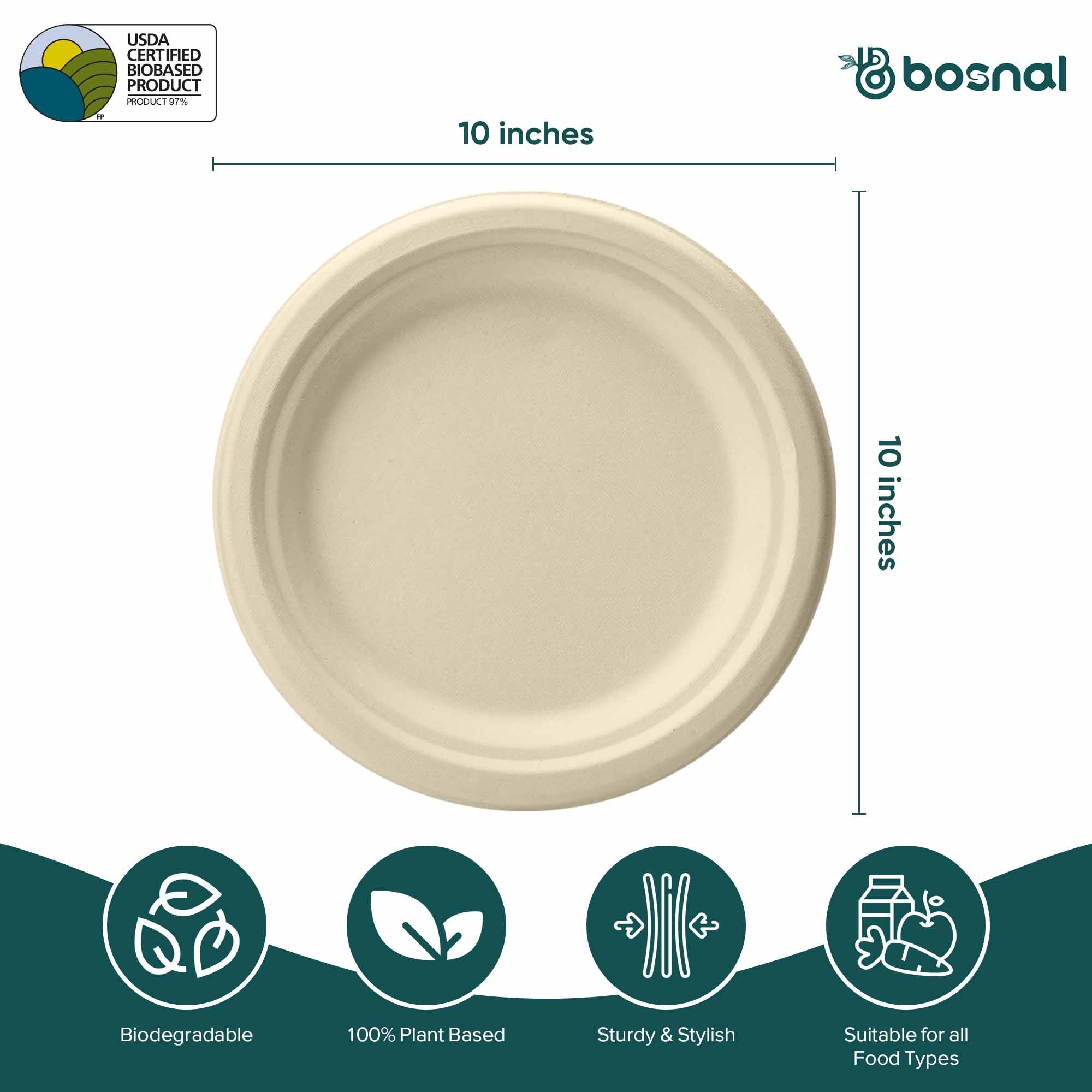 Compostable Sugarcane Plates — 10", 500-Piece Case