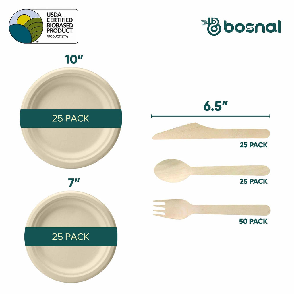 Compostable Sugarcane Dinnerware Set | 150-Piece | 10" & 7" Plates & Cutlery