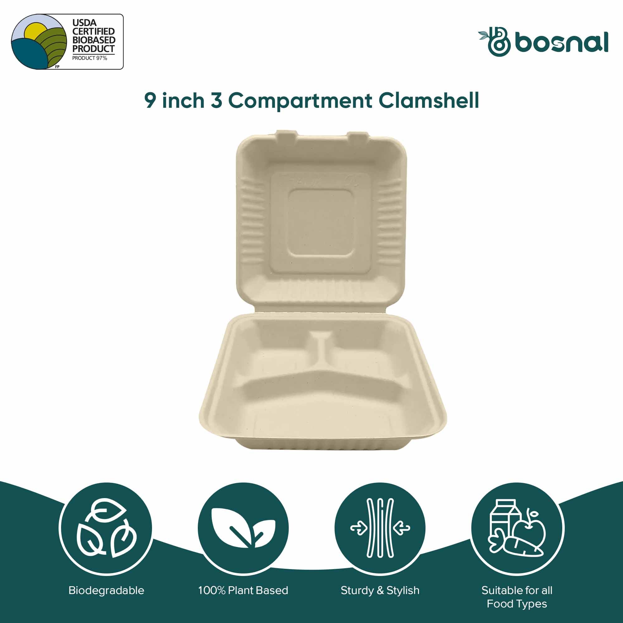 Compostable Sugarcane Clamshell Boxes — 9", 3-Compartment | Square
