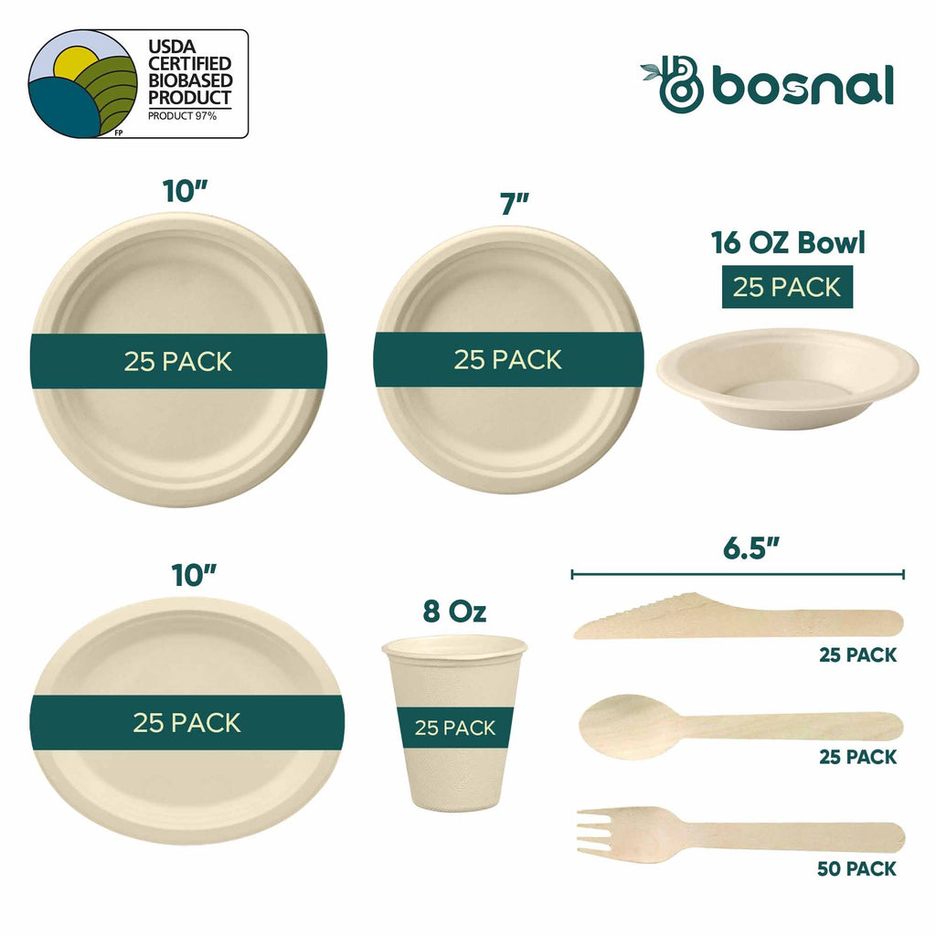 Compostable Sugarcane Dinnerware Set | 225-Piece | Plates, 16oz Bowls, Cups & Cutlery