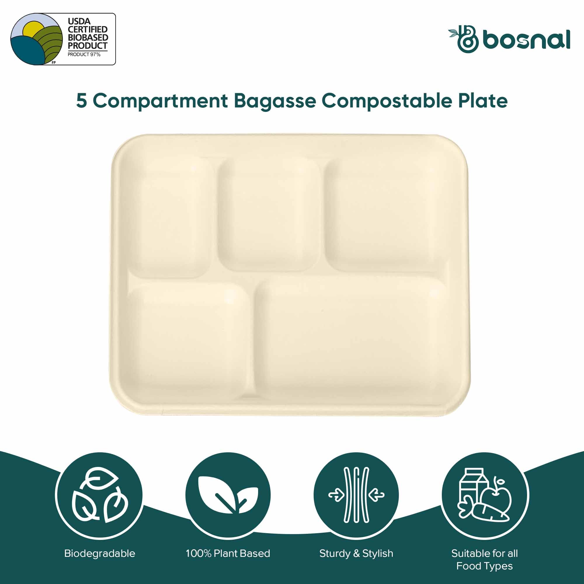 Compostable Sugarcane Food Trays — 10", 5-Compartment Rectangle