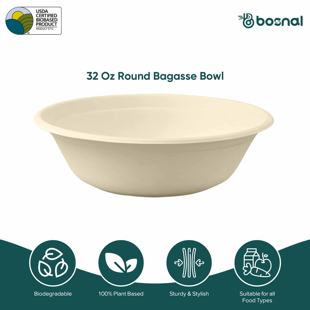 Compostable Sugarcane Bowls – 32 oz | Round | Pack of 50 or 100