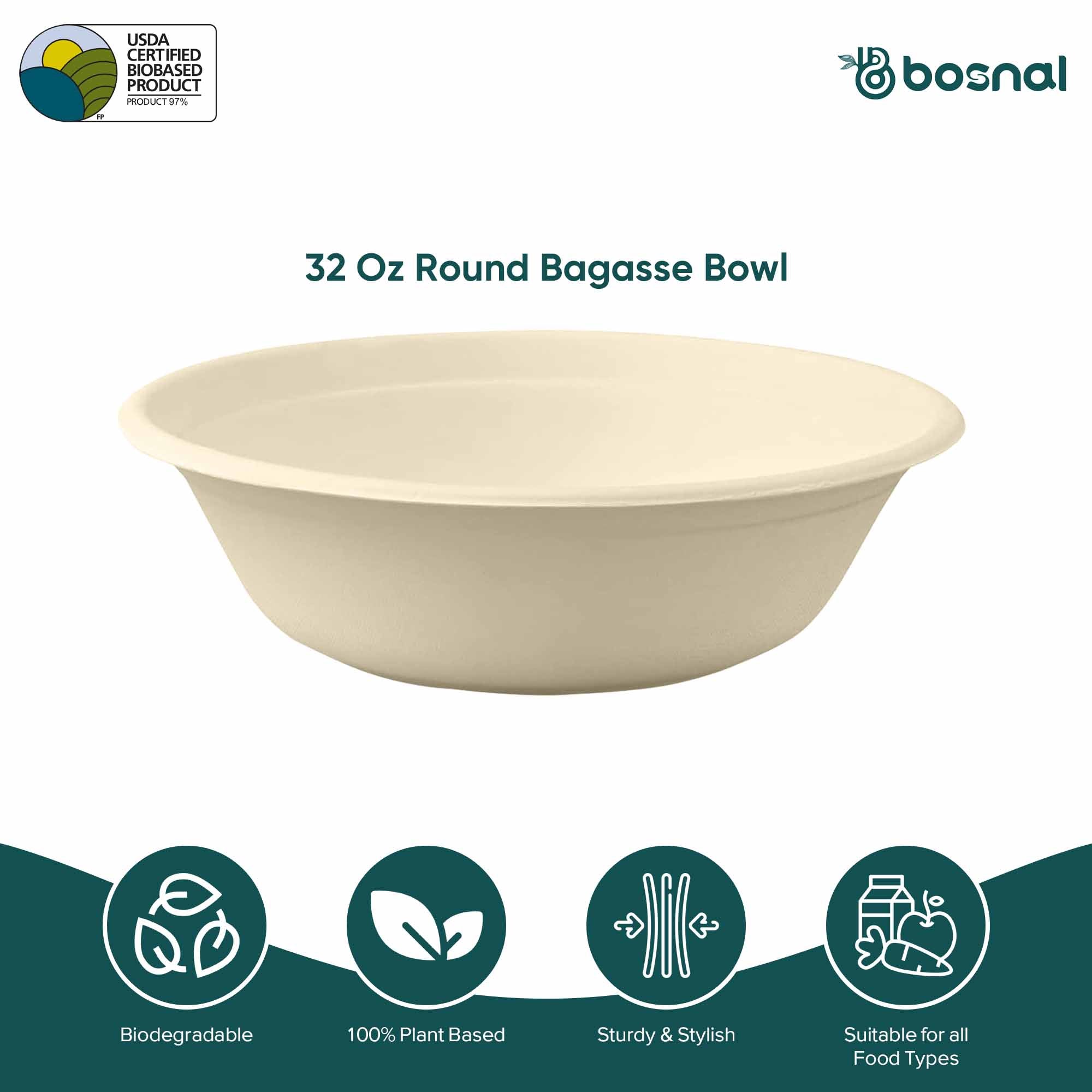 Compostable Sugarcane Bowls – 32 oz | Round | Pack of 50 or 100