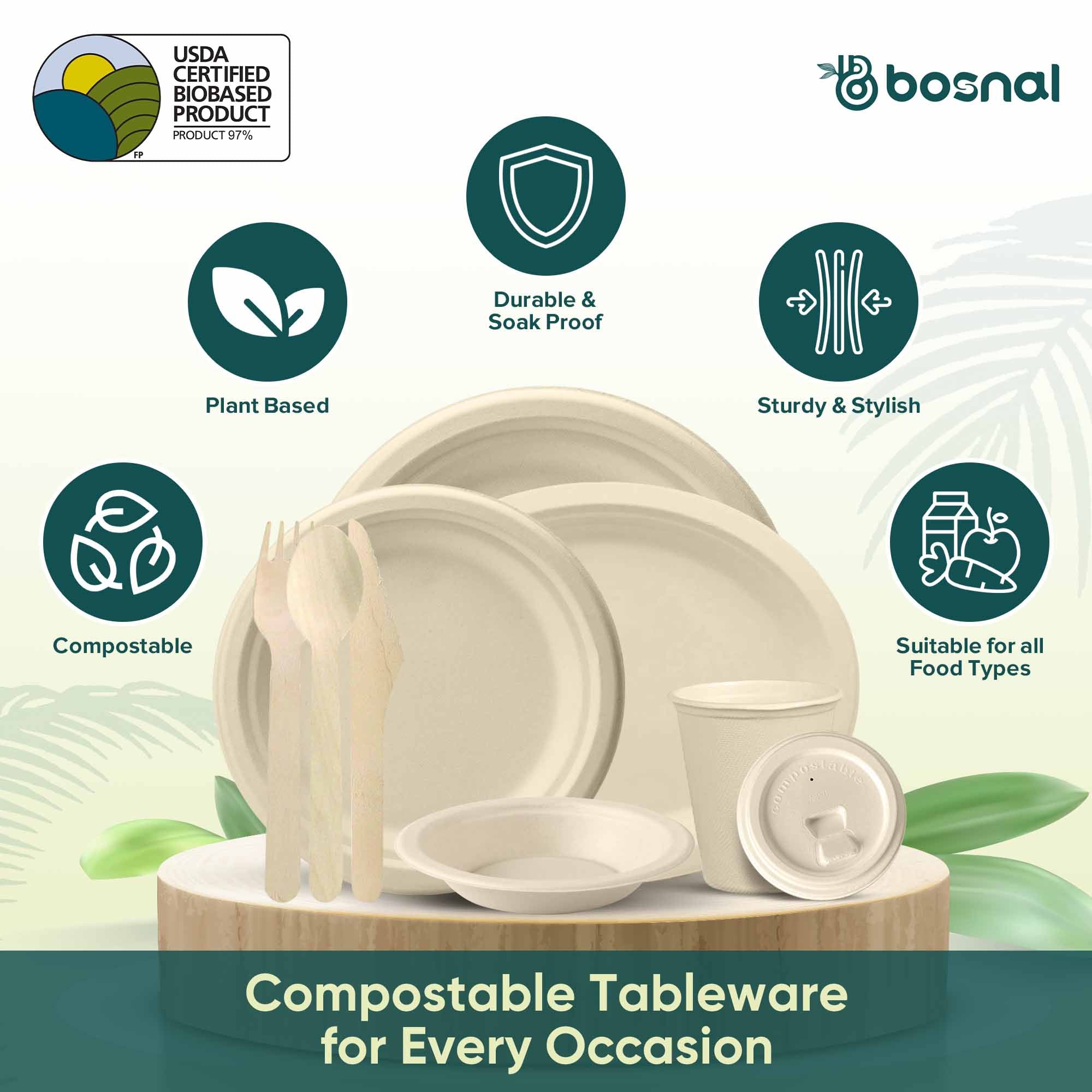 Compostable Sugarcane Dinnerware Set | 225-Piece | Plates, 16oz Bowls, Cups & Cutlery