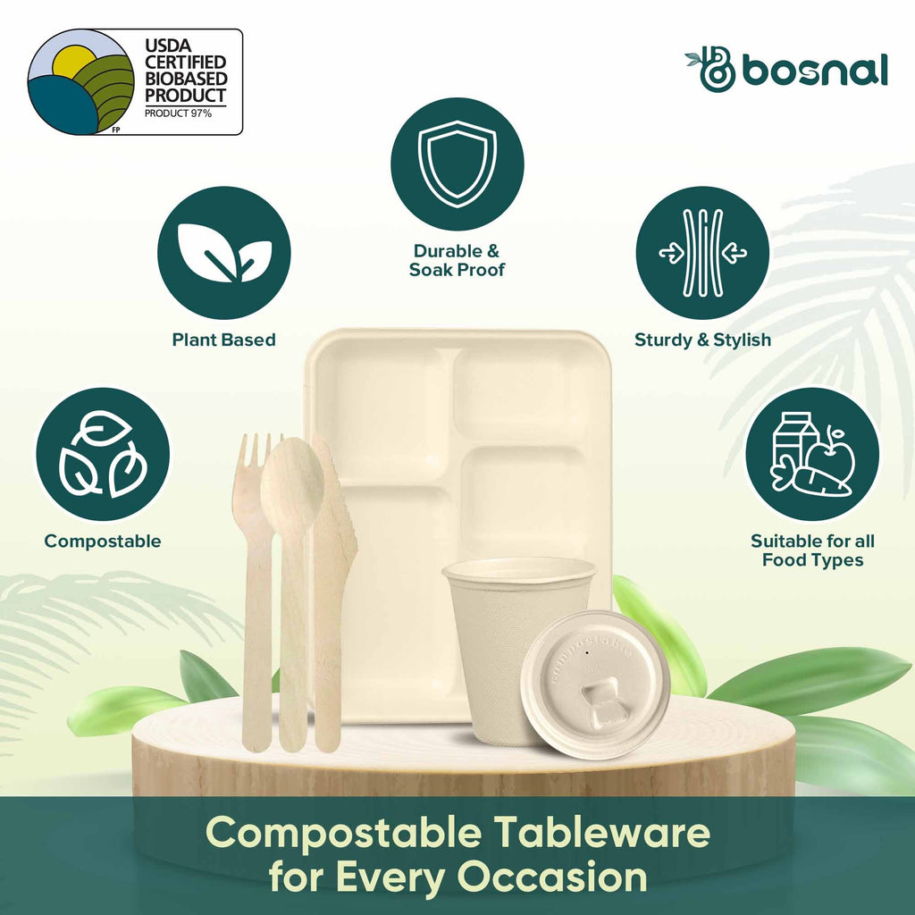 Compostable Sugarcane Dinnerware Set | 150-Piece | 5-Compartment Trays, Cups & Cutlery