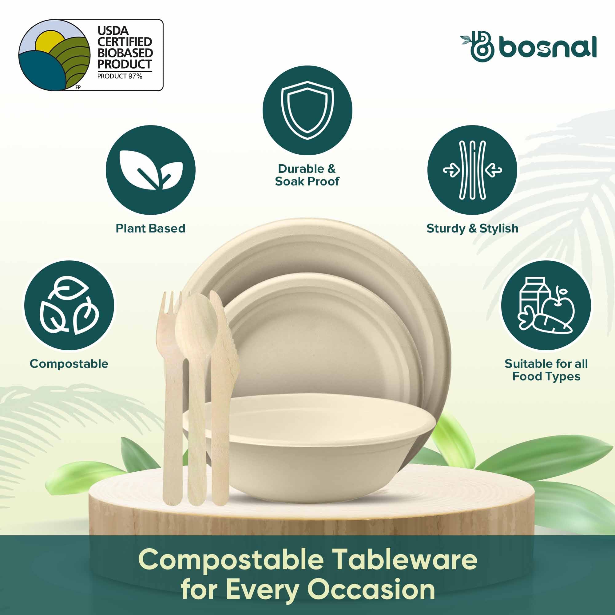 Compostable Sugarcane Dinnerware Set | 175-Piece | Plates, Bowls & Cutlery
