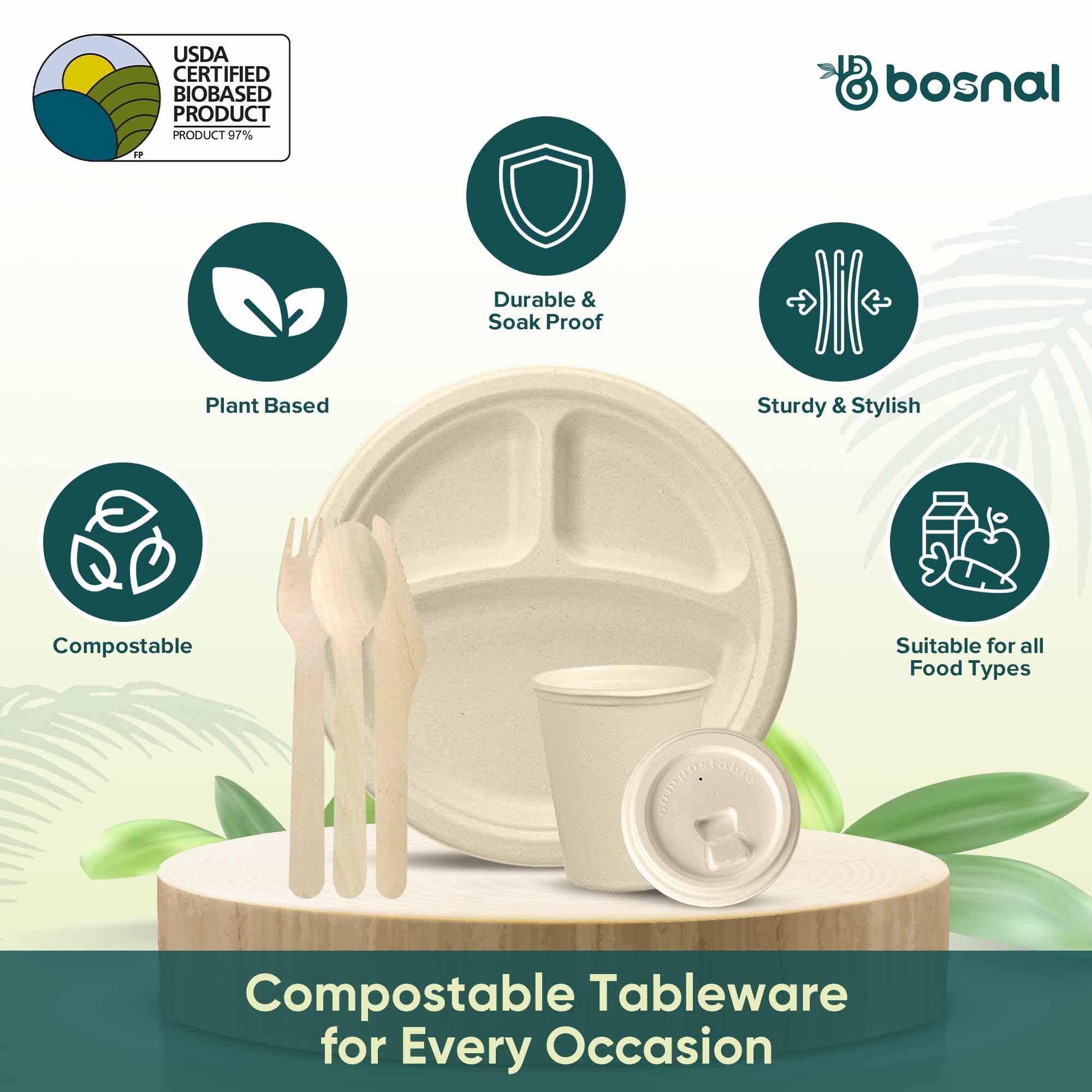 Compostable Sugarcane Dinnerware Set | 150-Piece | 3-Compartment Plates, Cups & Cutlery