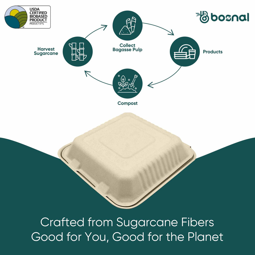 Compostable Sugarcane Clamshell Boxes — 9", 3-Compartment | Square