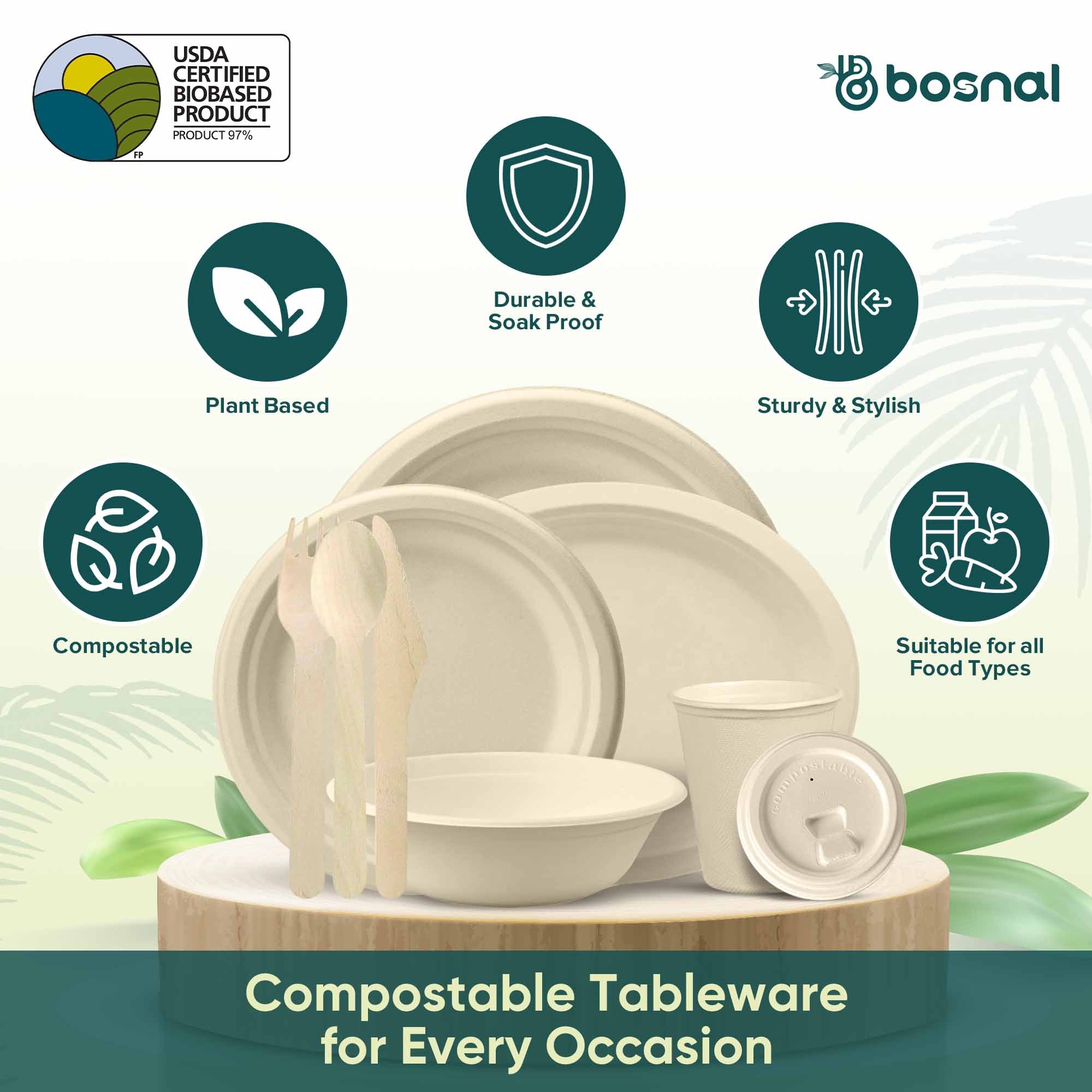 Compostable Sugarcane Dinnerware Set | 225-Piece | Plates, 32 oz Bowls, Cups & Cutlery