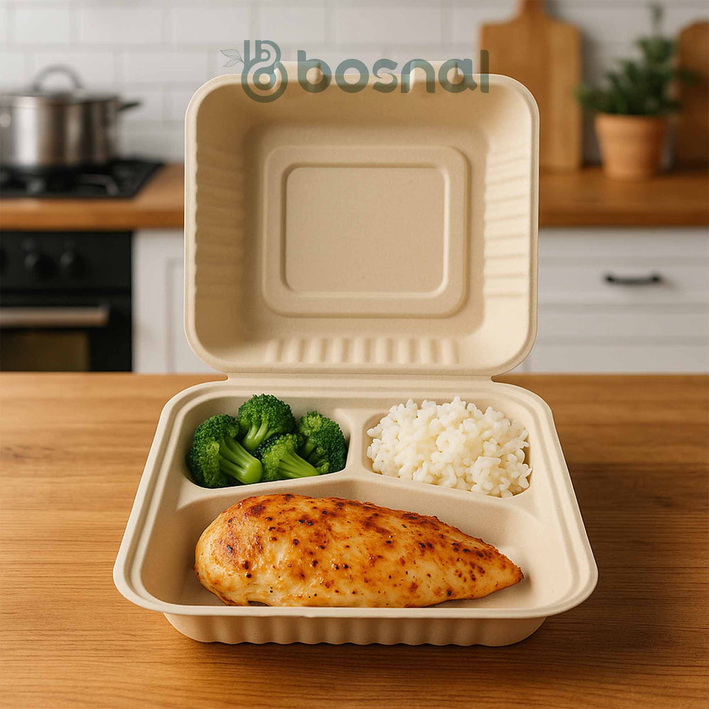 Compostable Sugarcane Clamshell Boxes — 9", 3-Compartment | Square