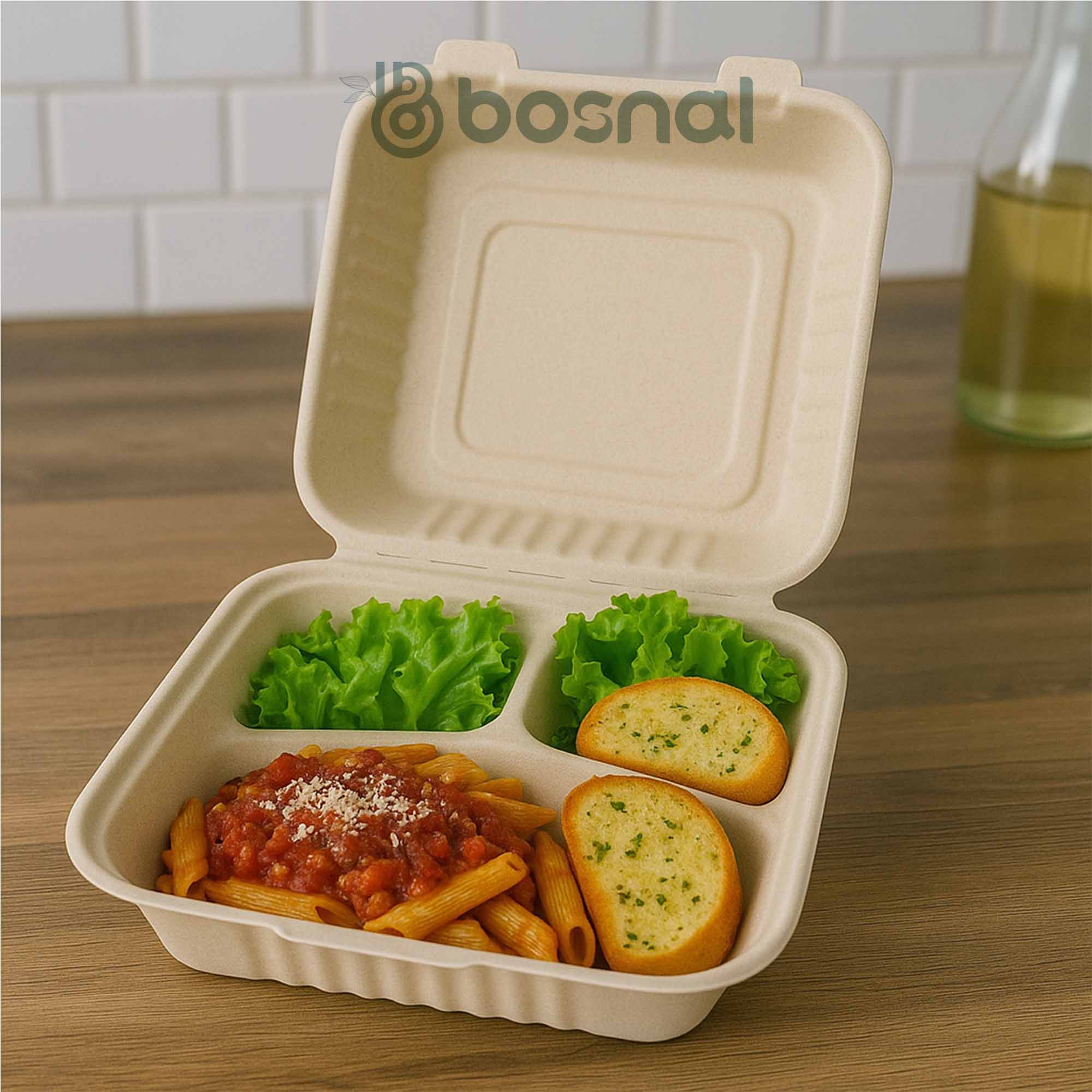 Compostable Sugarcane Clamshell Boxes — 9", 3-Compartment | Square