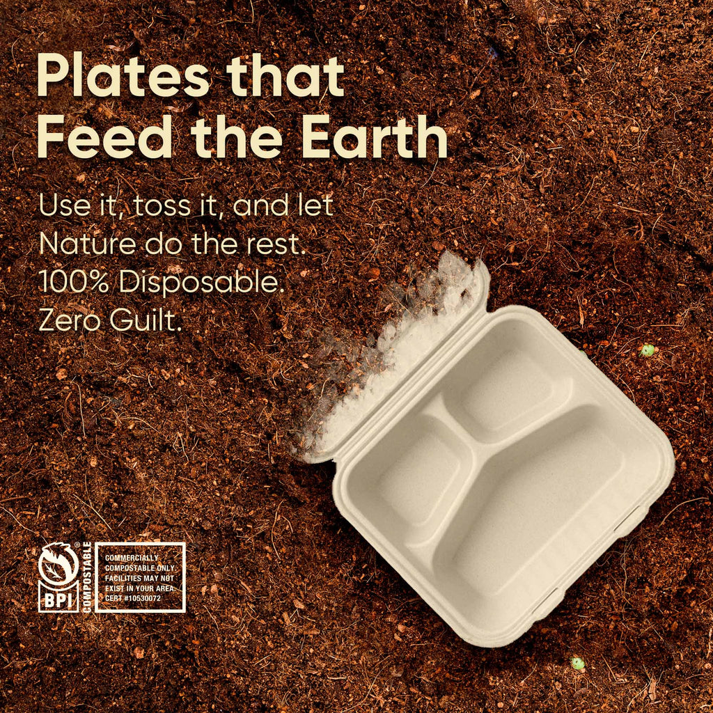 Compostable Sugarcane Clamshell Boxes — 9", 3-Compartment | Square