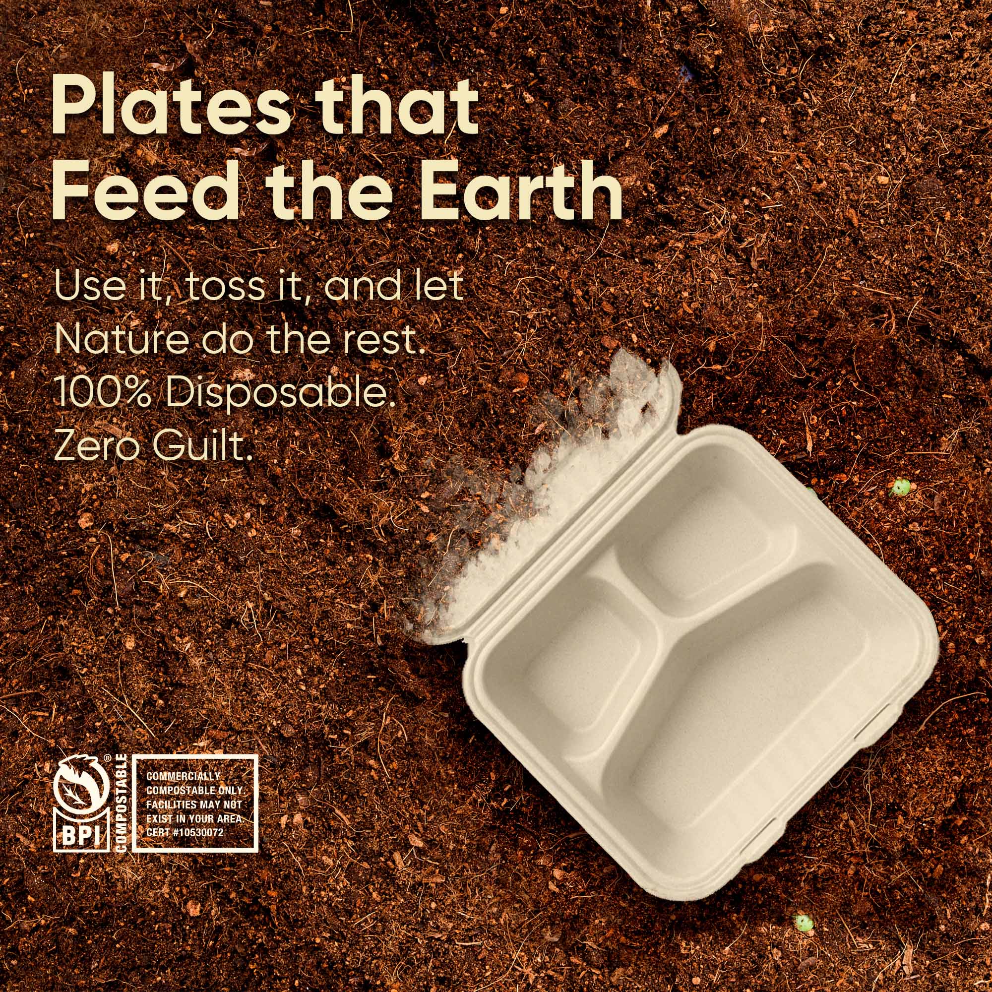Compostable Sugarcane Clamshell Boxes — 9", 3-Compartment | Square