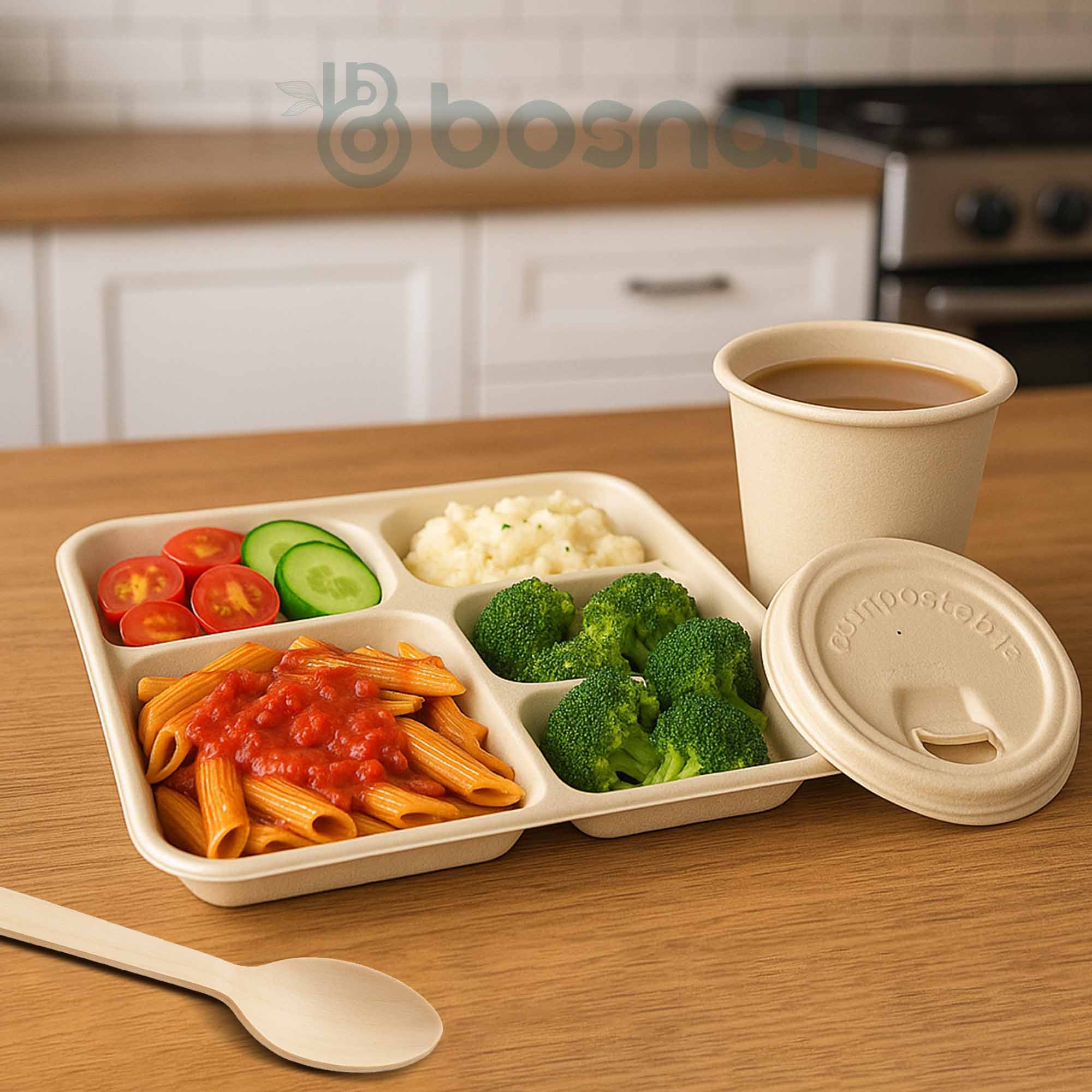 Compostable Sugarcane Dinnerware Set | 150-Piece | 5-Compartment Trays, Cups & Cutlery