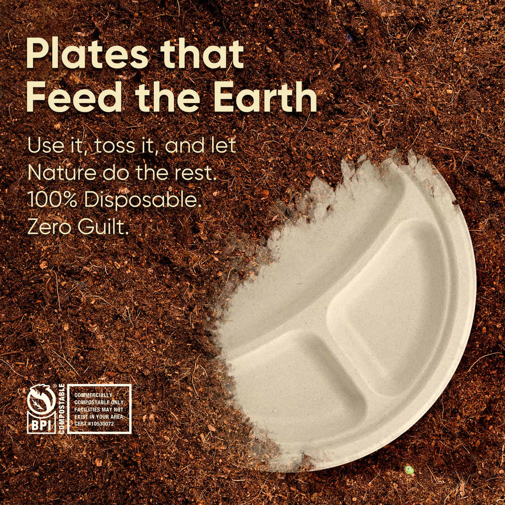 Compostable Sugarcane Plates — 10", 3-Compartment, Round | Bagasse