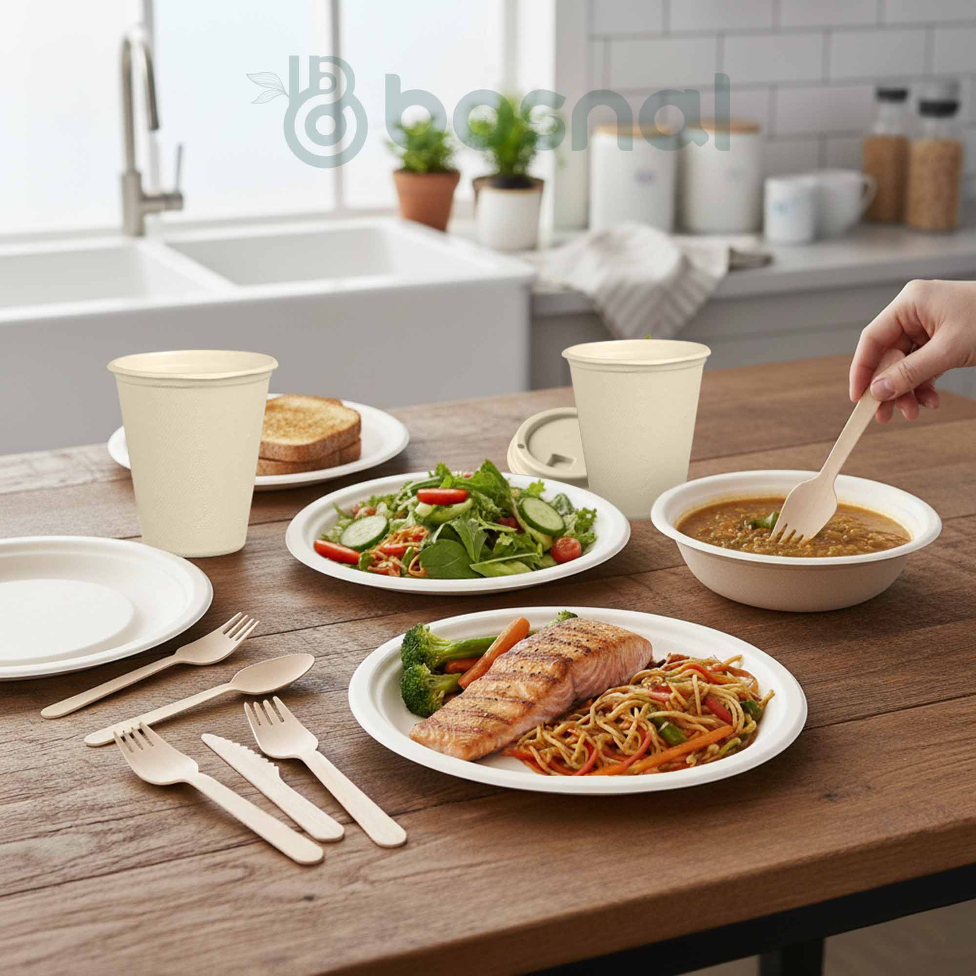Compostable Sugarcane Dinnerware Set | 225-Piece | Plates, 16oz Bowls, Cups & Cutlery
