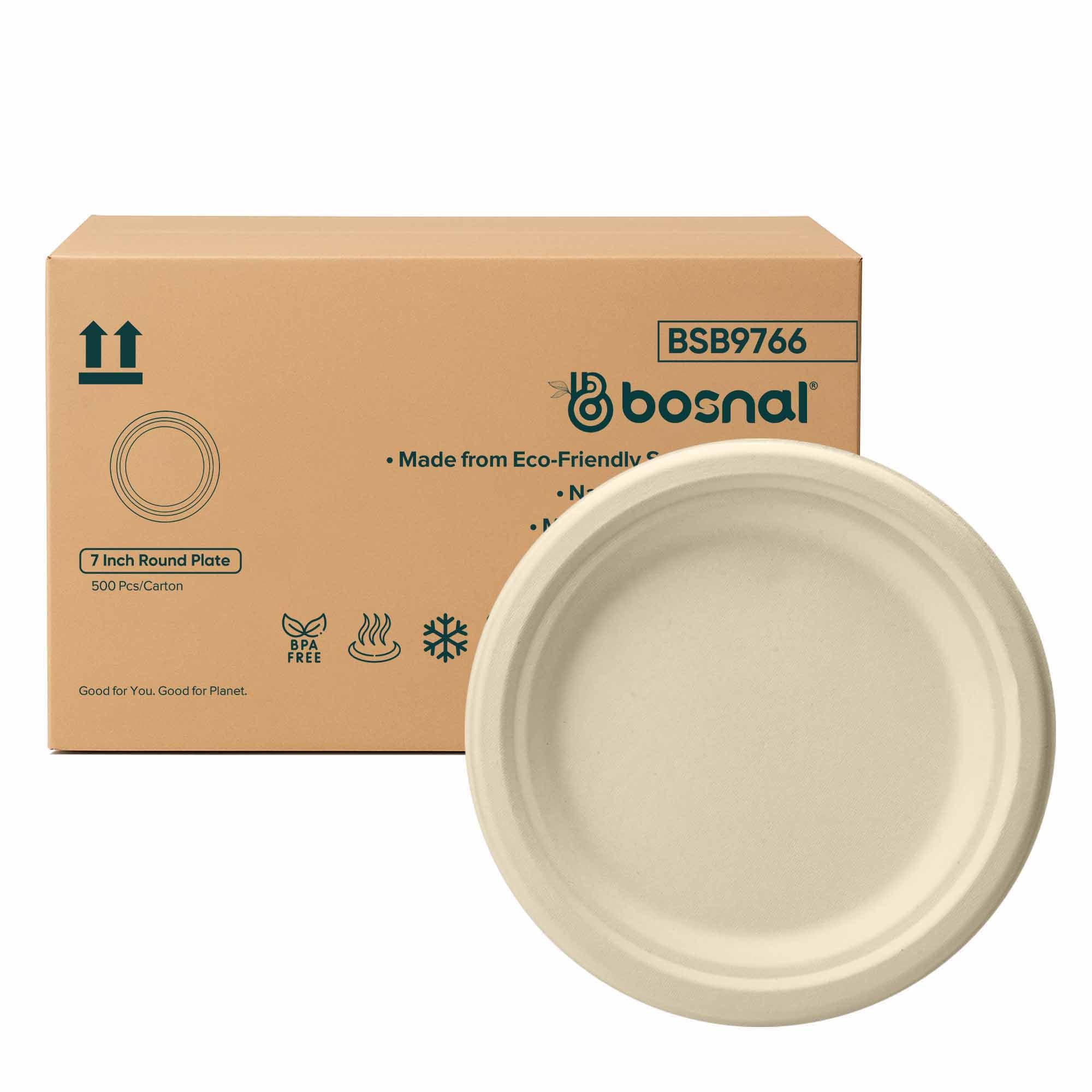 Compostable Sugarcane Plates — 7", 500-Piece Case