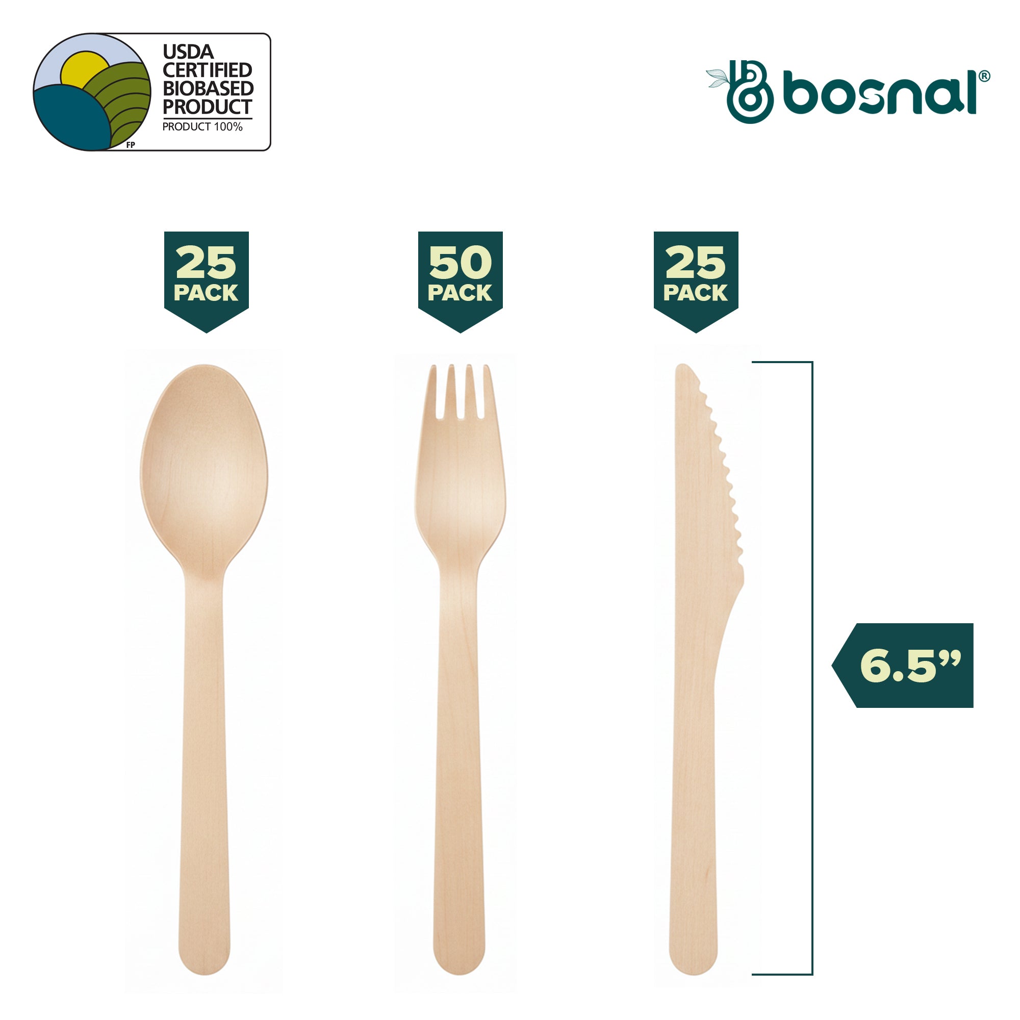 Bosnal Birch Wood Cutlery Set — 6.5", 100 Pieces