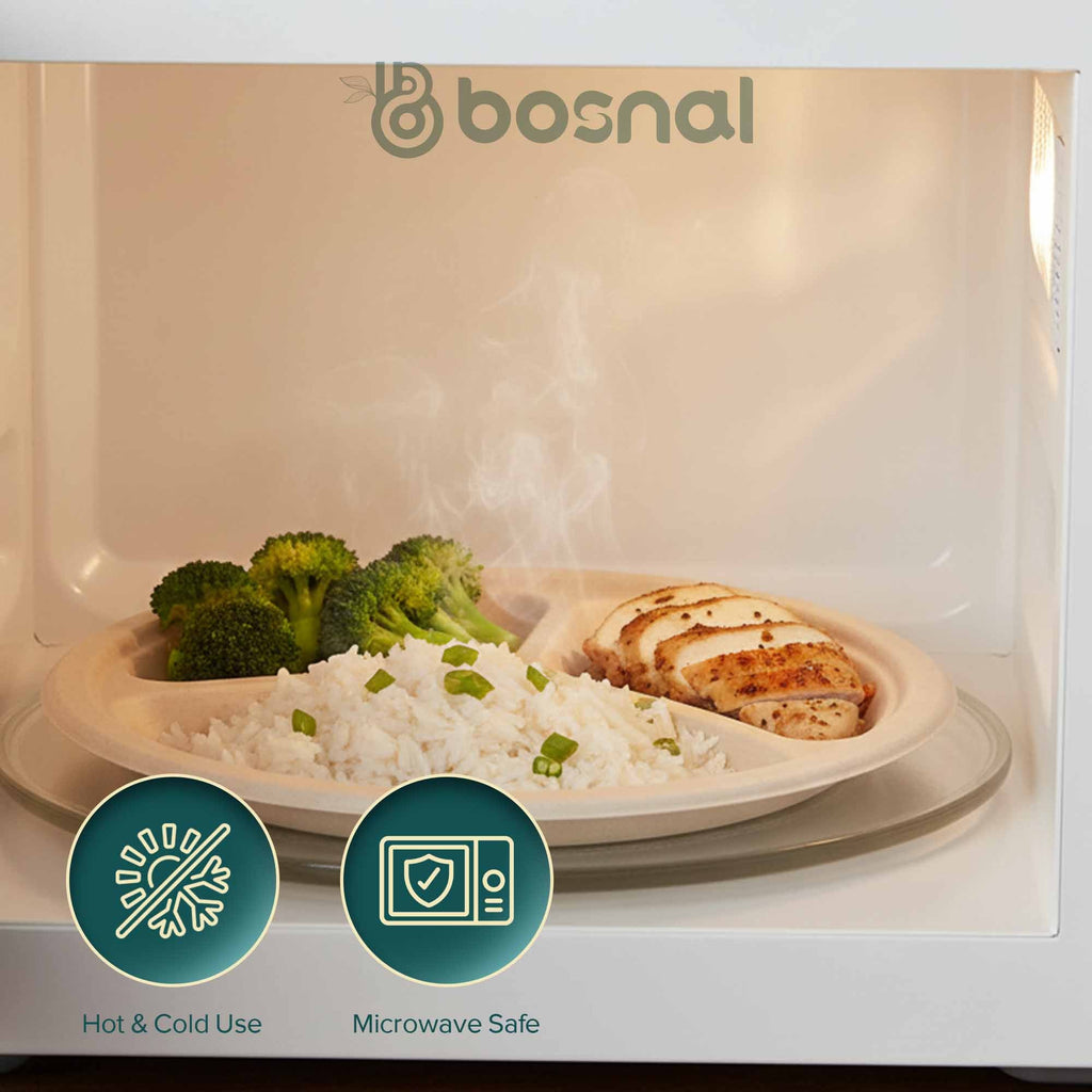 Compostable Sugarcane Plates — 10", 3-Compartment, Round | Bagasse
